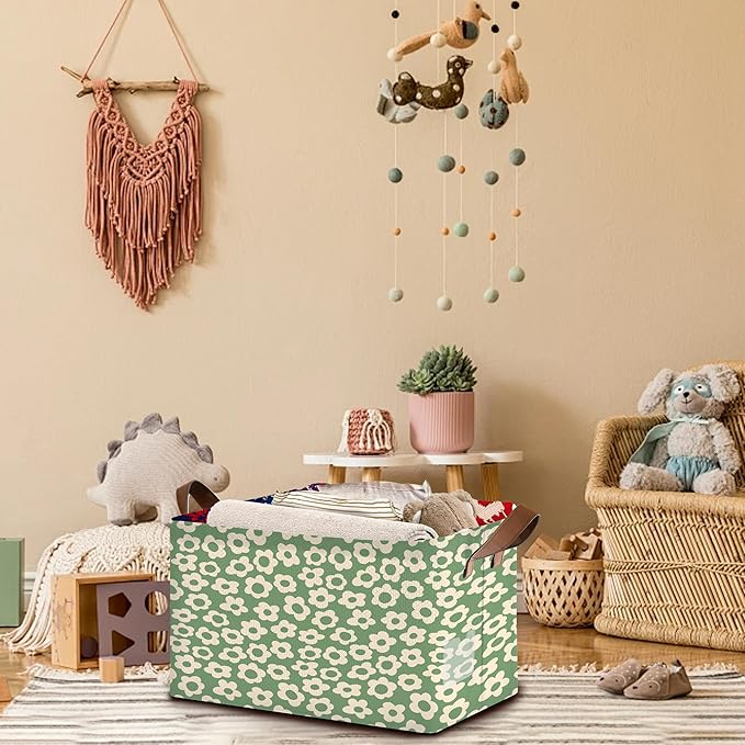 Vintage Groovy Flowers Storage Basket Large 17x11.5x10.5 Inche-Collapsible Fabric Organizer Bin with Handles for Living Room,Bedroom,Blankets-Decorative Hamper with 70s Retro Floral Design-Single Pack