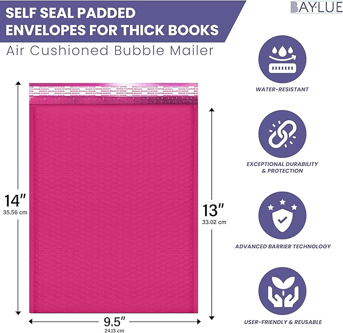 Hot Pink 10x13 Inch Poly Bubble Mailers |Self Seal Padded Envelopes for Thick books | Air Cushioned Bubble Mailer | Usable Size 9.5x13 | Waterproof Lightweight Mailing Shipping Bags | 100 Pack Bulk