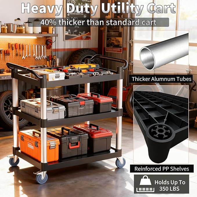 Utility Cart with Tangle-Free Wheels, 3 Tier Rolling Cart with Wheels(2 with Brakes), Heavy Duty 350 Lbs Capacity,Commercial Serving Cart for Home, Office, Restaurant, Warehouse.