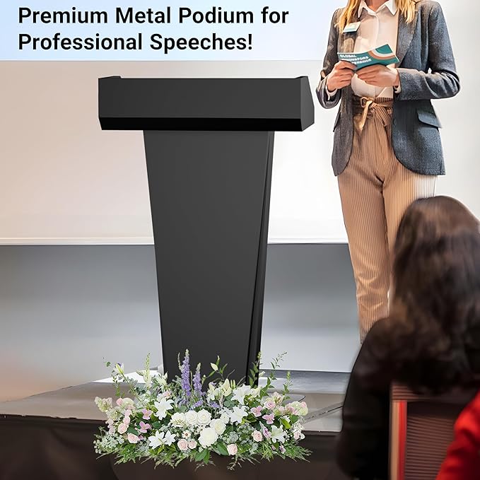Tredre Podium Stand with Wheels, Heavy-Duty Metal Lecterns & Podiums with Storage, 46.5”H Portable Pulpits for Churches, Classrooms and Conferences, Scratch-Resistant Surface, Black