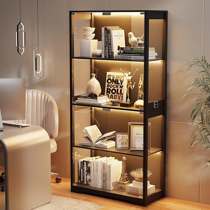 Display Cabinet with Glass Doors, 4-Tier Curio Cabinet with 3 Color Lights for Collectibles, Glass Display Case with Human Body Sensor, Bookcase with 4 Shelves, Storage Cabinets, Black
