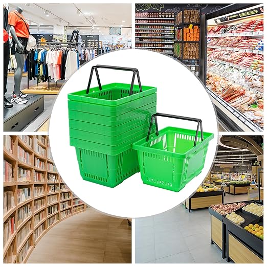 12Pcs 18L Shopping Baskets with Handles, Portable Plastic Retail Grocery Baskets Large Capacity for Stores, Supermarket, Retail, Groceries Shopping (Green)