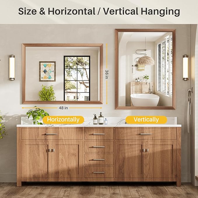 48x36 Inch Bathroom Mirror for Wall, Anti-Rust Walnut Wood Grain Metal Framed Bathroom Mirrors for Over Sink,Rectangler Mirrors for Bathroom Vanity, Farmhouse, Bedroom, Living Room, Entryway Decor