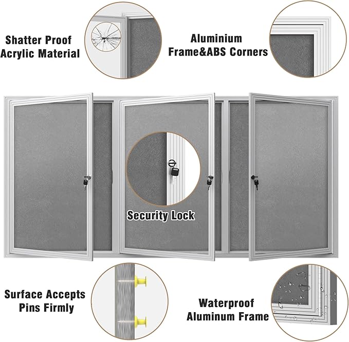 Mifuro 70"x34" Enclosed Bulletin Board, Outdoor Lockable Weather-Resistant Aluminum Cork Noticeboard for School & Office, Silver Frame w/Grey Flet
