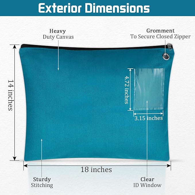 4 Pcs Interoffice Mailer Canvas Transit Sack Zipper Bag 18" x 14" Large Zipper Pouch with Grommet Interoffice Mail Bag (Teal)