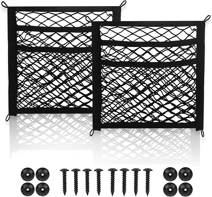 3 Layer Small Cargo Net,Cargo Storage Pocket Net, Mesh Elastic Pouch Organizer with Mounting Screws Hooks for Car,Rv, Trunk,Boats,SUV, Truck (2 Pack,11.8 x 9.8Inch,30 x25cm)