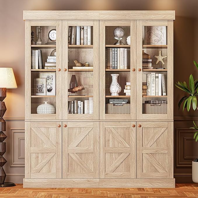 Vyre 71" Tall Farmhouse Bookshelves with Glass Doors, Set of 3 – Large Modular Bookcase with Adjustable Shelves, Storage Cabinet for Living Room, Kitchen, Home Office, Brown