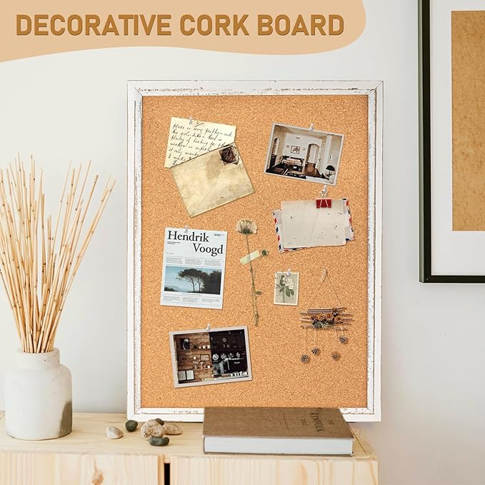 DOLLAR BOSS White Cork Board for Wall - 24 X 18 Inches, Rustic Wooden Frame Bulletin Board, Decorative Hanging Pin Board for Office & Home Decor