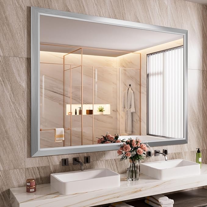 Amorho Bathroom Mirror, 55x40 Inch Silver Thick Metal Framed Wall Mirrors for Over Sink, Brushed Nickel Mirror Perfect for Bedroom, Living Room, Entryway, Rectangle (Horizontal/Vertical).