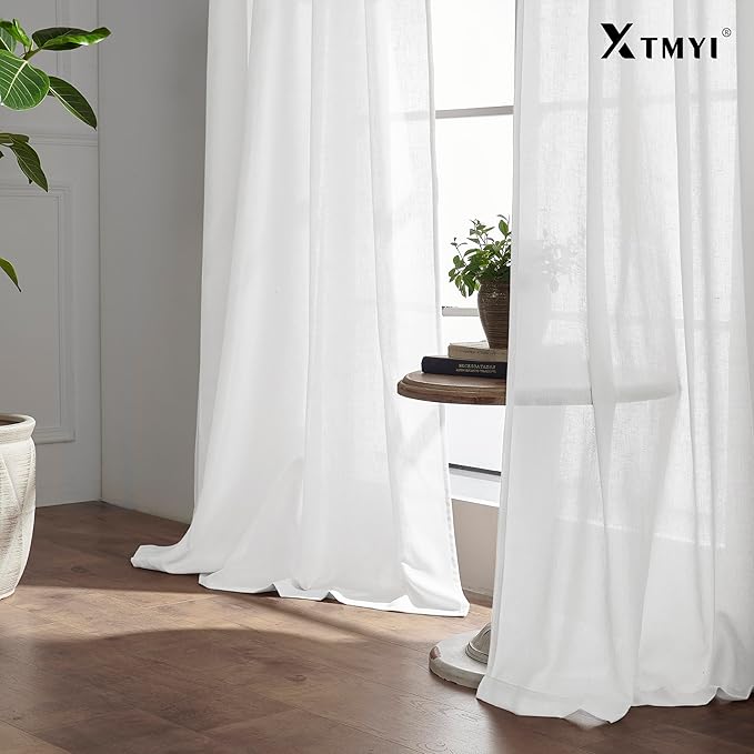 Sheer White Curtains 120 Inches Long for Living Room 2 Panels Set Hang with Clip Rings Back Tab Semi Transparentes Light Filtering Linen Cotton Blend XL Drapes Curtains Rod Pocket,50x120 in Length