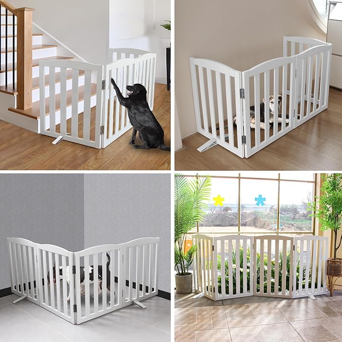 Freestanding Dog Gate Indoor,Doggie Gate Foldable Dog Gates for Doorways,Stairs or Hallways, Wooden White Pet Gate for The House, Pet Fence with Support Feet Included,24 "Height-4 Panels