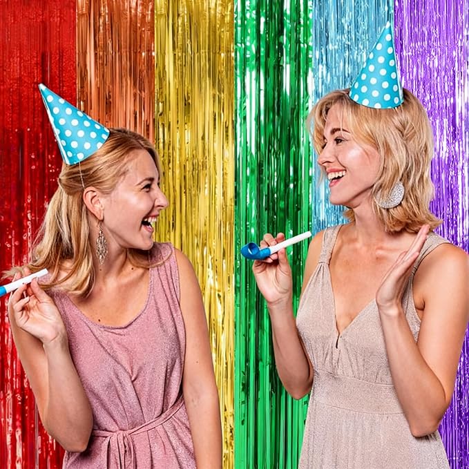 10 Pack Rainbow Party Backdrop Streamers Decorations Colorful Foil Fringe Curtains Metallic Tinsel Backdrop for Birthday First Day of School Engagement Baby Shower Christmas Holiday Party Decor