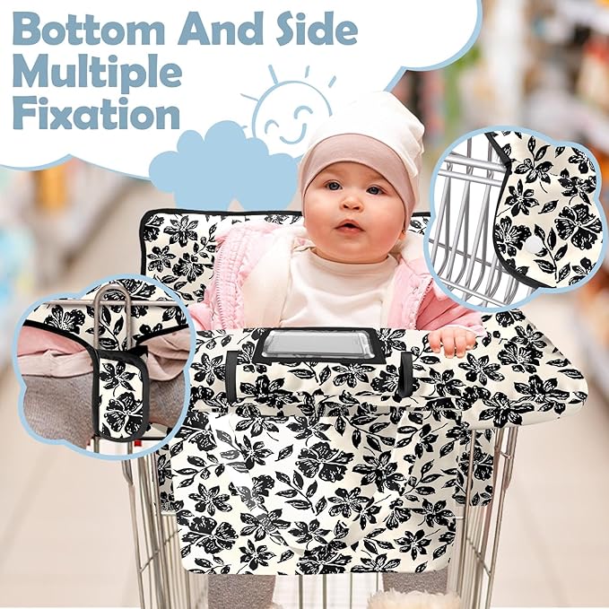 Shopping Cart Cover for Baby 2-in-1 High Chair Cover with Safety Harness Multifunctional Black Flowers Cart Covers for Babies Soft Padded Grocery Cart Cover for Baby Boy Girl