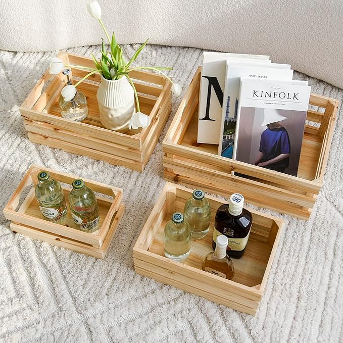 Set of 4 Large Wooden Crates Unfinished Office Storage Crates, Decorative Wood Storage Crates for Display, Rustic Pine Wood Organizer Bin Basket for Kitchen Pantry Bathroom