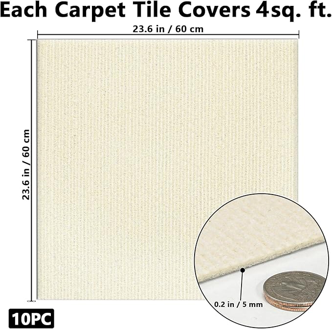 Carpet Tiles Peel and Stick, Self Adhesive Carpet Floor Tile 24" x 24", Off White Soft Padded Flooring Sticker, Home Decor for Bedroom Living Room Office, 10 Tiles per Box
