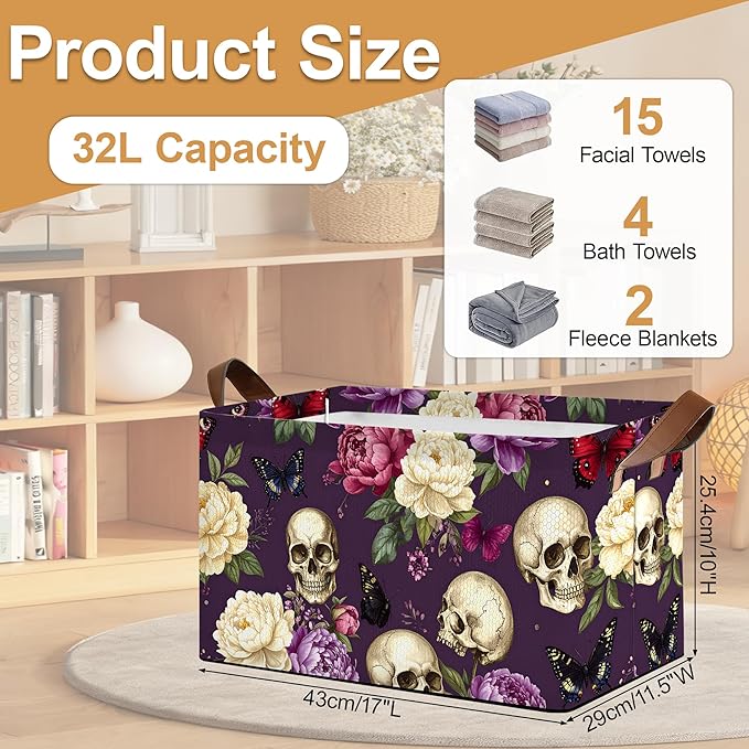 Purple Flower Skeleton Storage Bins with Handles, Collapsible Storage for Clothes, Gift Basket, Blankets & Closet Organization