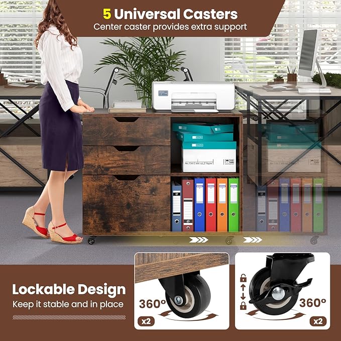 LOKO 3-Drawer File Cabinet, Mobile Printer Stand Cabinet with Adjustable Shelf, Rolling Lateral Filing Cabinet with Wheels for Letter, A4, Legal Size, for Home Office Organization (Rustic Brown)