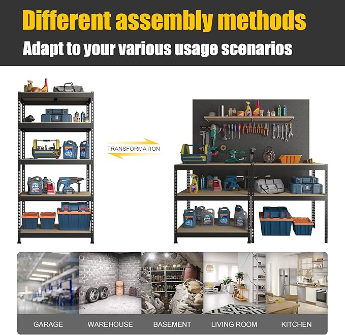PrimeZone Storage Shelves 5 Packs 5 Tier Adjustable Garage Storage Shelving, Heavy Duty Metal Storage Utility Rack Shelf Unit for Warehouse Pantry Closet Kitchen, 35.5" x 15.75" x 71", Black