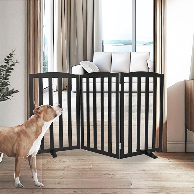 Freestanding Dog Gate Indoor,Doggie Gate Foldable Pet Gates for Doorways,Stairs or Hallways, Wooden Black Pet Gate for The House, Pet Fence with Support Feet Included,32 "Height-3 Panels