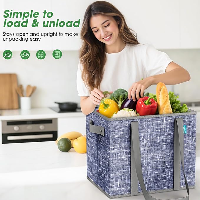 Fab totes Reusable Grocery Bags, Large Foldable Shopping Tote Bags with Reinforced Handles & Hard Bottom,Water Resistant Grocery Bags for kitchen,Picnic,2 Pack,Blue