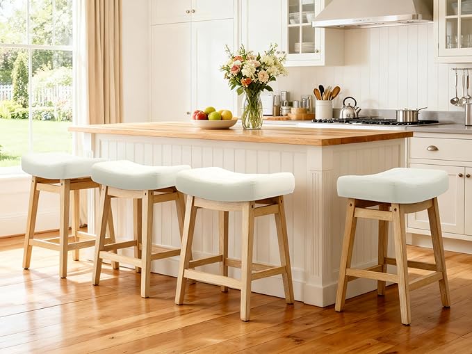 Counter Height Bar Stools Set of 2 for Kitchen Counter Backless Farmhouse Kitchen Island Barstools with Upholstered Faux Leather Saddle Seat and Solid Wood Legs Modern 24 inch Bar Chairs, White