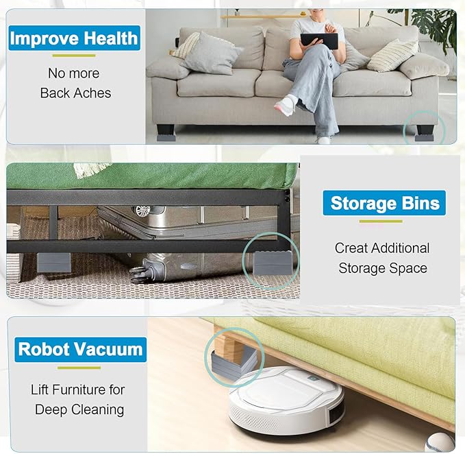 Bed Risers 1 inch, 2 inch, 3 inch, 4 inch Heavy Duty, Adjustable Furniture Riser for Table Desk Couch Sofa Chair Recliner Leg Frame Dorm, Stackable Bed Raisers Blocks (Grey 8 Pack, 1 inch)