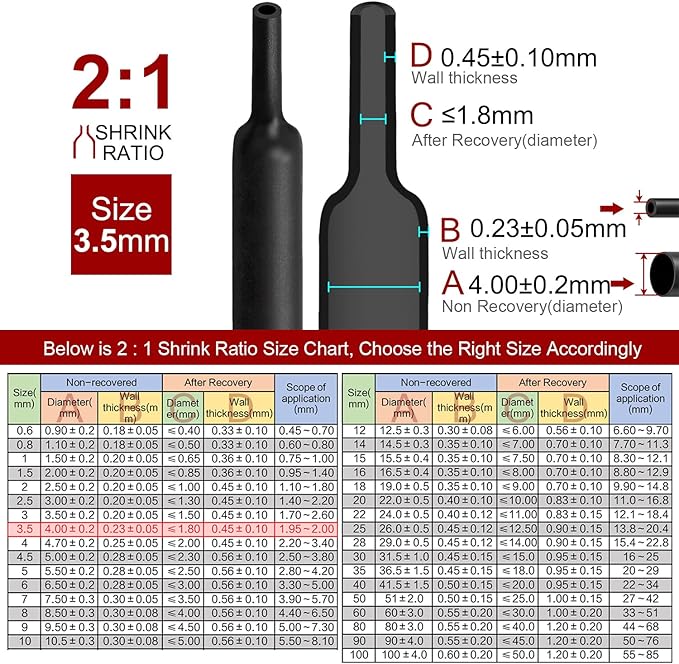 Chanzon 2:1 Ratio 9/64" (3.5mm) Heat Shrink Tubing 8Ft Roll (2.5M Total Length) Black Polyolefin Sleeving Wrap Shrinking 2 to 1 1pcs