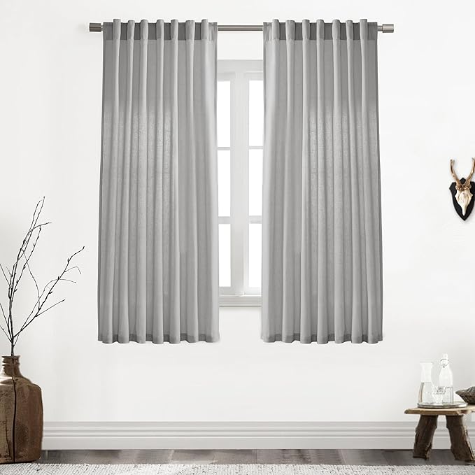 XTMYI Grey 63 Inch Length 2 Panels Back Tab/Hook Belt Linen Cotton Sheer Curtains for Bedroom,50 Inch Wide