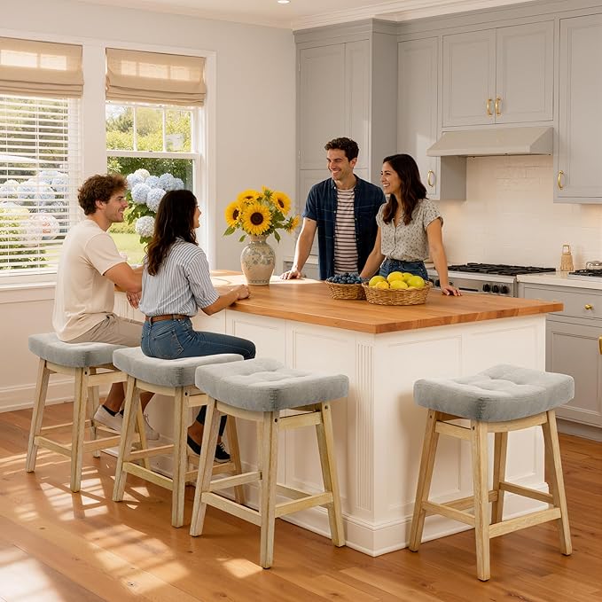 Counter Height Bar Stools Set of 6 for Kitchen Counter Farmhouse Modern Barstools with Upholstered Fabric Backless Seat and Solid Wood Legs 24 inch Bar Chairs, Grey + Wood Color