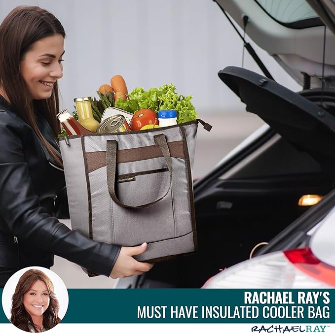 Rachael Ray Chillout Soft Cooler Bag, Large Reusable Insulated Grocery Bag with Zippered Top, Travel Tote for Hot or Cold Food, Grocery Tote Bag