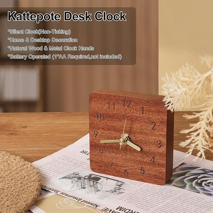 Wooden Table Clock on Stand, Decorative Battery Operated Desk and Shelf Clock, Silent Non-Ticking Desktop Clock for Office, Living Room or Bedroom Decor, Square Shape, Sapele Wood