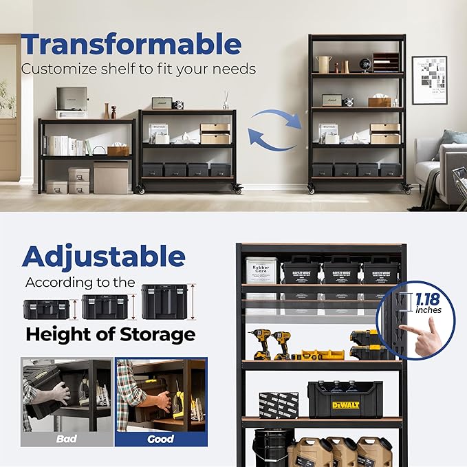 HOMEDANT House 5-Tier Metal Rolling Cart Shelf Rack Casters Heavy Duty Laminated Wheel Shelving Unit Adjustable Utility Storage Shelves Organizer Shelf Kitchen Garage (4, (L) 48.1" W, Black)