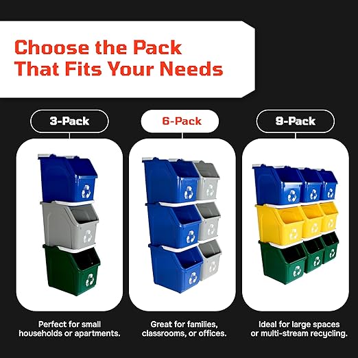 Multi Bin Recycling System with Six Stackable 6 Gallon Recycle Bins to Build Your Recycling Center for Offices, Kitchen, Garages, Businesses - (Red, 6 Pack)