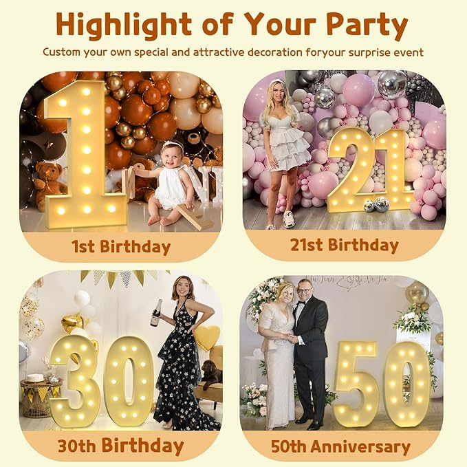 imprsv 4FT Light Up Numbers & Letters, Marquee Numbers for 30th Birthday & Anniversary Party Decor, Pre-Cut Foam Board Kit