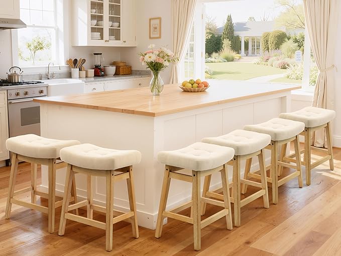 Counter Height Bar Stools Set of 6 for Kitchen Counter, Backless Farmhouse Kitchen Island Barstools with Upholstered Fabric Saddle Seat and Solid Wood Legs Modern 24 inch Bar Chairs, Khaki