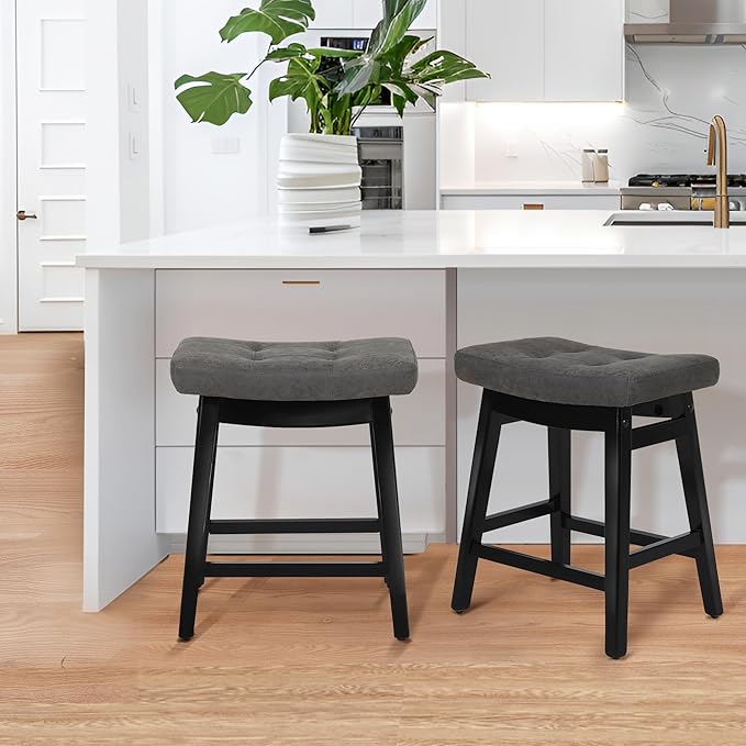 Counter Height Bar Stools Set of 3 for Kitchen Counter Farmhouse Modern Barstools with Faux Leather Upholstered Backless Seat and Solid Wood Legs 24 inch Bar Chairs, Grey + Black
