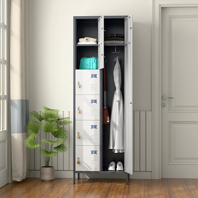 Aobabo 72" H Metal Lockable Storage Locker 7 Small Doors and 1 Big Door, Metal Lockers for empolyees with Hooks, for School Home Office Assembly Required, 8 Doors, Grey White