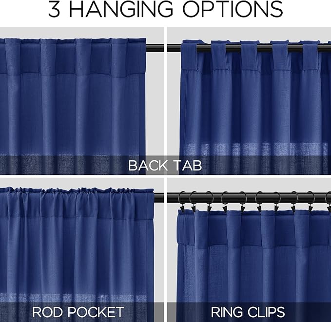 Linen Curtains Semi Sheer Classic Blue 96 Inches Long 2 Panels Set for Living Room Back Tab Rod Pocket Light Filtering Drape for Bedroom Modern Farmhouse Coastal Decor Protect Privacy 52x96