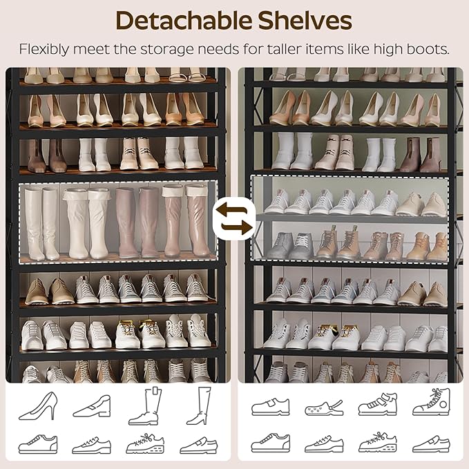 12-Tier Tall Shoe Rack Organizer, Wooden Shoe Storage for Closet Holds 48 Pairs, Sturdy Shoe Shelf with X-Shaped Metal Support, for Entryway, Bedroom, Rustic Brown and Black SS212BR