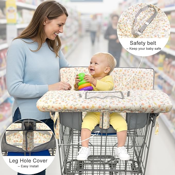 Muslin Shopping Cart Cover for Baby Soft & Breathable High Chair Covers for Restaurant Seat Grocery Cart Cover with Storage Pocket Machine Washable for Infant Toddler Boy and Girl, Beige