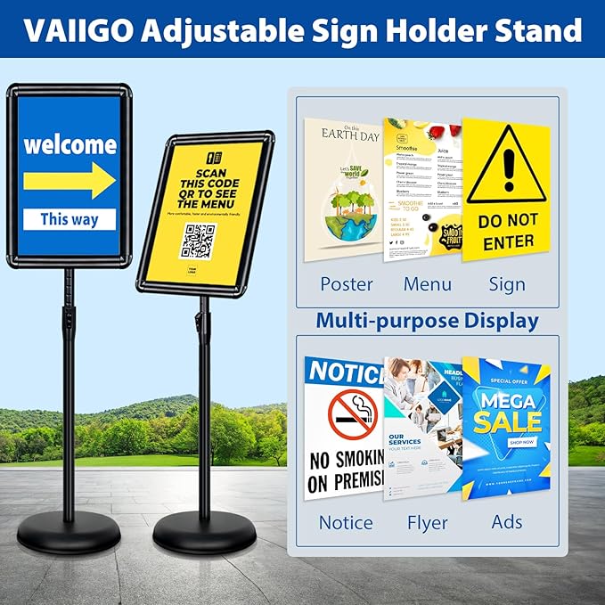 2-Pack 11x17 Inch Adjustable Sign Stand & Floor Standing Sign Holder - Pedestal Poster Stand with Vertical & Horizontal View Display for Indoor/Outdoor Business & Store Signage (Black)