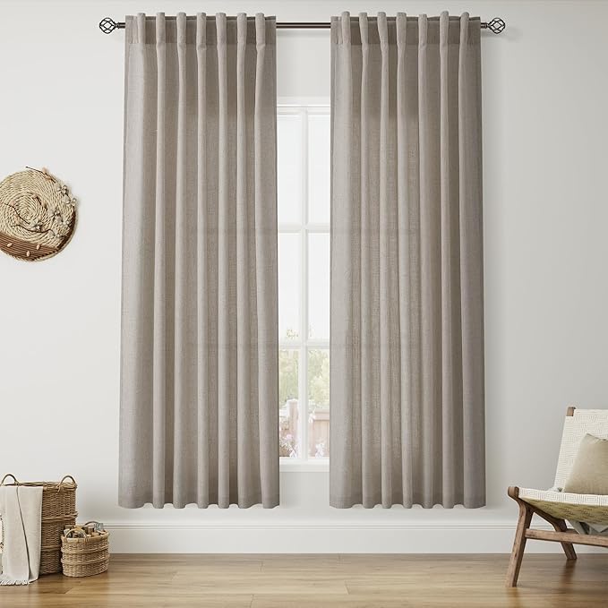 Nanspring Grey Beige 72 Inch Curtains for Living Room Linen Blend Luxury Light Filtering Semi Sheer Curtain Back Tab Simple Modern Neutral Elegant Boho Gray Drapes for Bedroom 52x72, 2 Panels