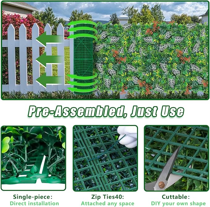 Grass Wall, Artificial Monstera Boxwood Panels 40"x120"(33.33 SQFT), Privacy Hedge Fence Screen with UV Protection, Greenery Backdrop for Indoor Home Wedding Decor and Outdoor Patio Backyard