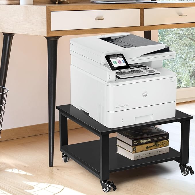 Under Desk Printer Stand - 2-Tier Industrial Mobile Printer Table with Storage Shelf, 19.7''x19.7''x12.6'' Heavy Duty Wood Rolling Printer Cart with Wheels for Home and Office,Classic Black