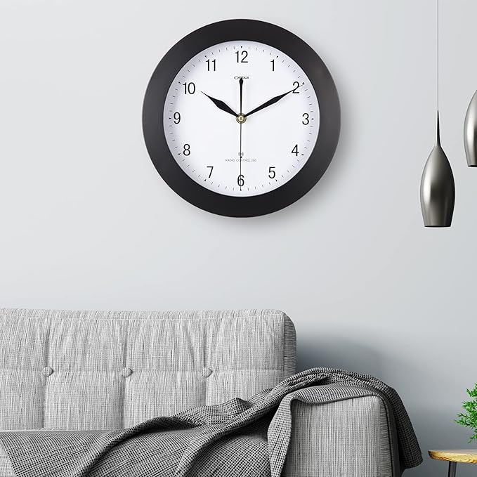 Atomic Wall Clock，US Auto Calibration Time 10 Inch Round Clock, Battery Operated