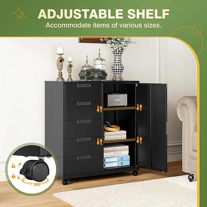 5 Drawer Metal Storage Cabinet, Mobile Office Storage Cabinet, Printer Stand with Storage, Craft Cabinet Dresser Chest for Home Office (Black)