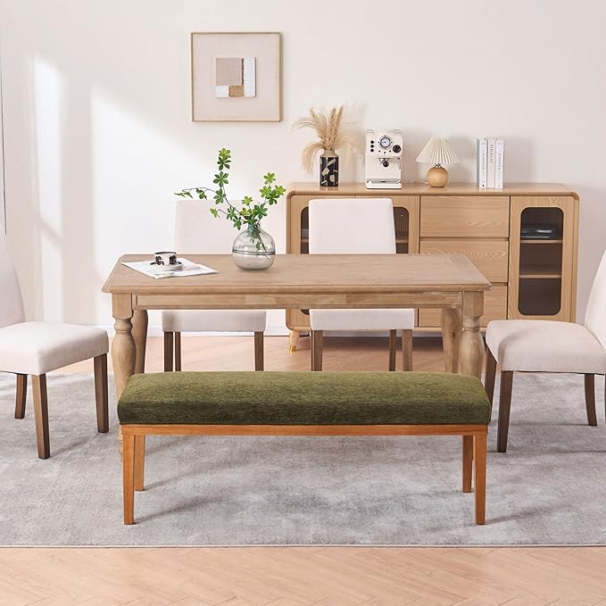 Rowill 53 Inch Long Entryway Bench for Bedroom End of Bed, Dining Room Bench with Upholstered Padded Seat and Solid Wood Leg for Kitchen, Living Room, Indoor and Hallway, Green