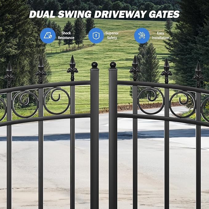 ZUMI Dual Swing Driveway Gates, 12x6 ft. Outdoor Steel Swing Gates for Driveway, Heavy-Duty Driveway Fence Gates for Home Security, Weatherproof Iron Security Gate Kit for Outdoor, Sydney Style