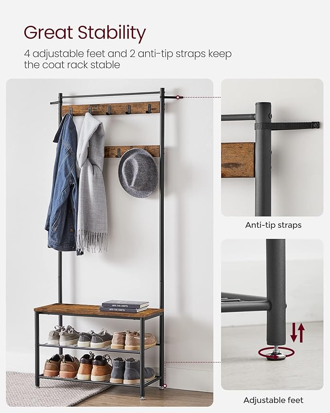 VASAGLE Coat Rack, Hall Tree with Shoe Storage Bench, Entryway Bench with Shoe Storage, 3-in-1, Steel Frame, for Entryway, 12.6 x 27.6 x 68.9 Inches, Industrial, Rustic Brown and Black UHSR41BX