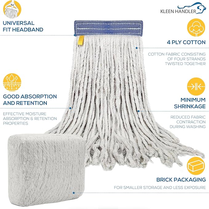 Pack of 6 Cut End Cotton Mop Head Replacement, 1.25-inch Universal Headband, Wet Mop Refills, Natural, 16 Oz